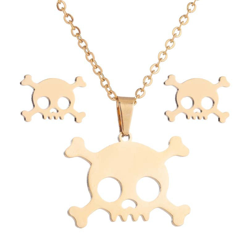 Wholesale Titanium Steel Skull Earring Necklace Three-piece Set